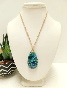 VINTAGE SN JEWELRY MOHAVE TURQUOISE TEARDROP STONE PENDANT NECKLACE 20" - Picture 1 of 4