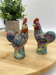 Vintage Chinese Famille Rose Polychrome Porcelain Roosters + Rhinestoned Rooster - Picture 1 of 6