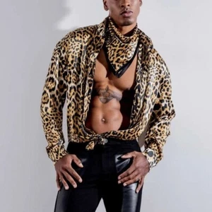Orttu Justin Shirt mit passendem Schal seidiger Satin mit auffälligem Jaguar-Print Gr. Large - Bild 1 von 6