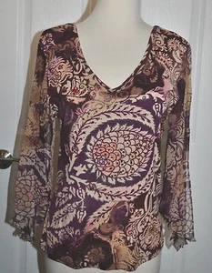 FORBIDDEN Women's Floral PATTERN BEADED TOP W/ SPLIT CHIFFON SLEEVES Medium - Picture 1 of 6