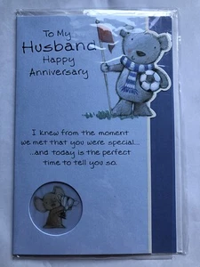 Husband Happy Anniversary Card Cute Bear Football Ball Scarf Flag Die Cut - Picture 1 of 2