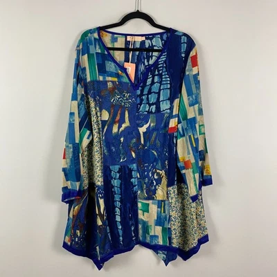 LA Cera Asymmetric Tunic Size 2X Patchwork Floral Multi Print 3/4 Sleeves - Image 1 of 4