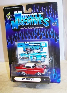 1:64 FUNLINE MUSCLE MACHINES '57 CHEVY CANDY RED / WHITE HOT ROD 01-49 71161 NIP - Picture 1 of 2