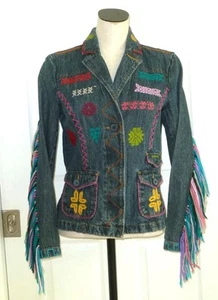 VERANO ROMERO Art-to-Wear ÚNICA Chaqueta Denim Mazahua Bordada a Mano y Flecos S - Imagen 1 de 24
