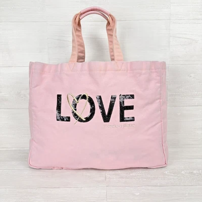 Victoria's Secret Canvas Tote Bag Large Pink Beach Weekend LOVE Sign Sequin - Image 1 of 4