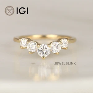 5 Stone Round Cut CVD Lab Grown Diamond 14K Yellow Gold Wedding Engagement Band - Picture 1 of 21