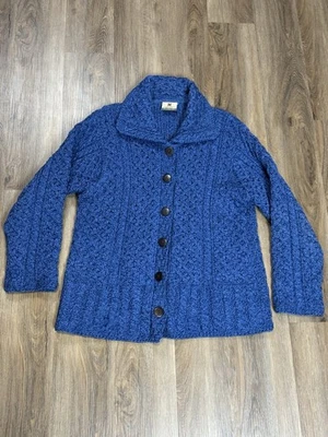 Cárdigan de lana irlandés Carraig Donn para mujer azul lana botón cable delantero suéter XL Foto 1 de 4