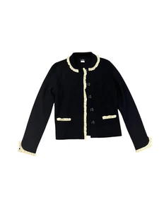 J Crew Vintage Navy Wool Cardigan Sweater Portrait Collar Ruffle Trim Gr. L - Bild 1 von 8