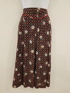 Vintage Skirt Midi Floral Black Red Lined Retro Pleated C&A Work A Line Size 14 - Picture 1 of 15