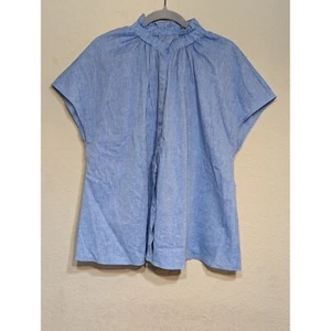 Top Pomander Place cotone lino collo arricciato manica corta blu taglia L - Foto 1 di 4