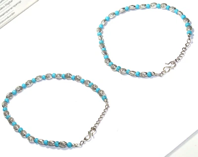 Tobillera nepalí hecha a mano con piedras preciosas tibetanas Larimar tamaño 11-12 pulgadas Foto 1 de 3