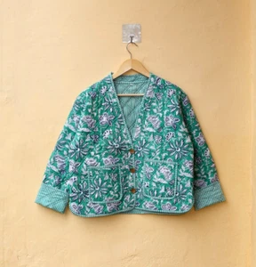 Handcrafted Cotton Quilted Kantha Jacket, Hand Block Floral Women's Boho Coat - Picture 1 of 10
