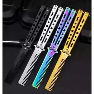 Foldable Stainless Practice Butterfly Knife Comb Beard Moustache Hair Tool New - Picture 1 of 10