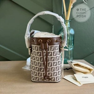 Mini borsa a secchiello Fendi Mini Mon Tresor in tessuto marrone nuova - Foto 1 di 11