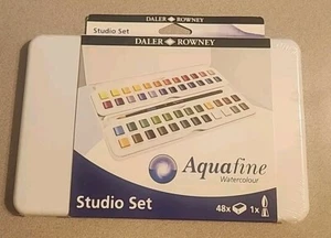 Daler Rowney Aquafine Watercolour 48 Half Pan Studio Set with Paint Brush New - Picture 1 of 8