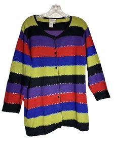 Cárdigan para mujer COLDWATER CREEK a rayas de seda lentejuelas negro rojo púrpura azul talla 1X - Imagen 1 de 5