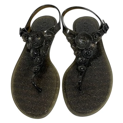 COACH Tanga Jalea Sandalia Rosa T-Strap Zapato Plano Negro Brillo Mujer Talla 8 Foto 1 de 4