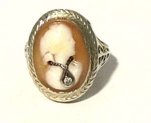 Antique Art Deco Filigree Shell Cameo 14 Kt Gold En Habille, Diamond - Picture 1 of 8