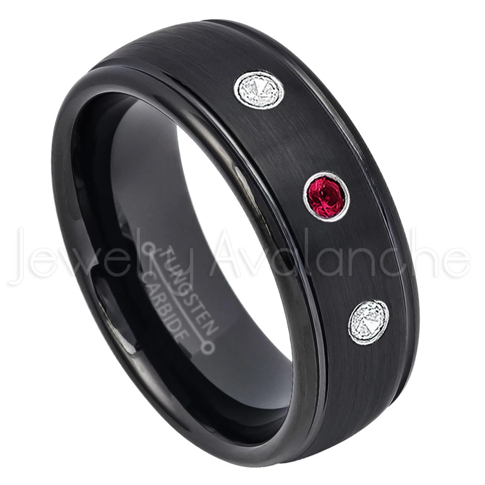 Anillo de tungsteno de 8 mm, 0,21 ctw rubí y diamante anillo de 3 piedras anillo de piedra de nacimiento de julio #664 Foto 1 de 1