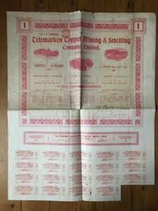 titre 1 action: TELEMARKEN COPPER MINING & SMELTING CY (NORVEGE ) (A3) - Picture 1 of 1