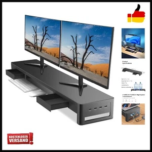 Dual-Monitorständer mit 2 Schubladen und 4 USB-Anschlüssen, Metall-Monitorstä... - Bild 1 von 9