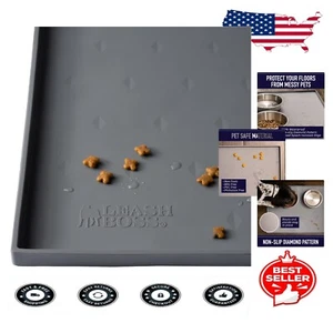 Non-Slip Grey Pet Feeding Mat - Dishwasher Safe with Tall Edges for Dogs & Cats - Picture 1 of 11