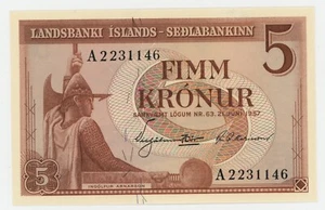 Iceland 5 Kronur 1957 Pick 37.a UNC Uncirculated Banknote - Picture 1 of 2