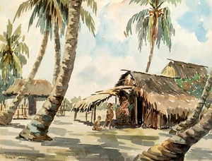 Tropische Karibik Venezuela Aquarell Indianer Dorf Szene, Heinz K Tesch 1946 - Bild 1 von 8