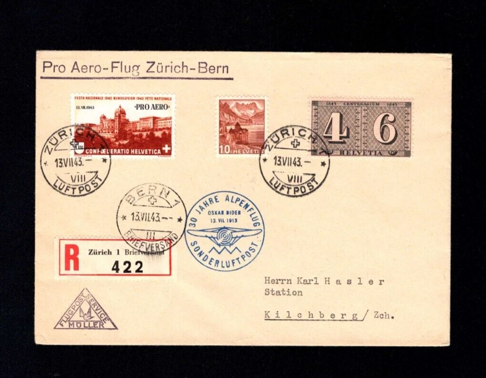 Suiza 1943 - 1 Fr. "Pro Aero" Correo Aéreo Reko - Imagen 1 de 1