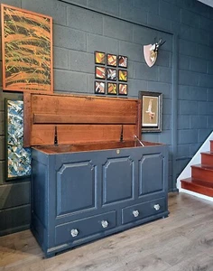 Vintage Panelled Storage Chest with Drawers Painted Blanket Chest Glass Knobs - Picture 1 of 19