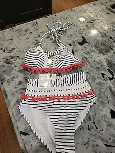 Cocoship Women's Size 4 Halter High Waisted Striped Pom Pom 2 Piece Swimsuit NWT - Picture 1 of 8