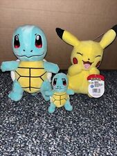 Pikachu Happy Closed Eyes Plush Pokemon Official And 2 Squirtle  WCT 1 New 2used