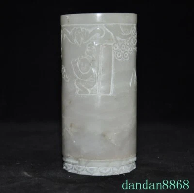 Jarrón lápiz 4.6" China Hetian jade sacrificio Feng Shui niño tongzi cepillo olla Foto 1 de 4