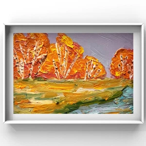 Sunset Landscape Oil Painting Fall Autumn Birch Tree River Impressionism Artwork - Picture 1 of 18