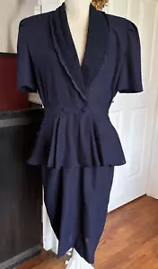 Vtg Chaus Peplum Dress Sz 12 Navy Blue V-Neck Midi Pencil Lace Collar - Picture 1 of 10