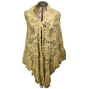 Crochet Knit Handmade Fringed Shawl Triangular Cottage Core Granny Tan 66x33.5 - Picture 1 of 13