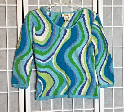 Suéter De Colección Años 90 Talbots Mod Retro GoGo Azul y Verde Diseño Remolino Talla S Pequeño Foto 1 de 4