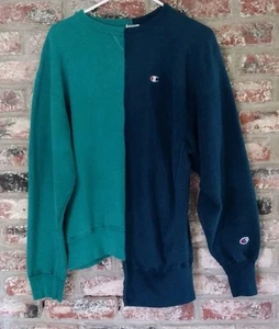 Felpa vintage Champion Reverse Weave Warmup blu e verde cuciture spaccate adatta L USA - Foto 1 di 11
