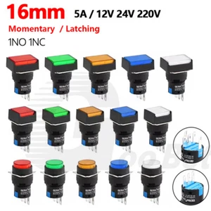 16mm Push Button Switch Momentary Latching ON/OFF 5A 12V 24V 220V LED 1 NO 1 NC - Picture 1 of 27