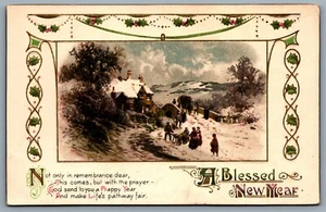 Postcard c1908 A Blessed New Year Floral Border Holly Winter Scene Embossed - Bild 1 von 2