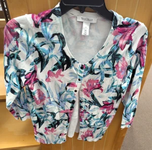 White House Black Market Cardigan Sweater Womens S 3/4 Sleeve Floral Print Fairy - Picture 1 of 5