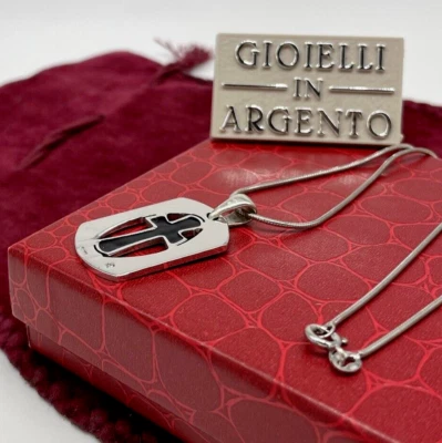 COLLANA CROCE NERA UOMO DONNA FIRMATA ARGENTO 925 DIAMANTE NATURALE 0,01 CARATI. - Immagine 1 di 4