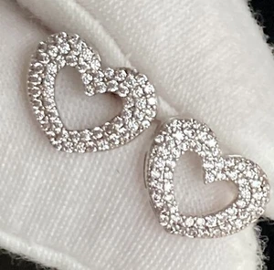 Silver Plated Heart CZ Stud Earrings 925 JCM 13mm Wide Heart Pave Cubic Zirconia - Picture 1 of 15