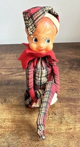 Plaid Christmas Knee Hugger Pixie Elf Japan Chime Tinkle Bell Ornament Vintage - Picture 1 of 4