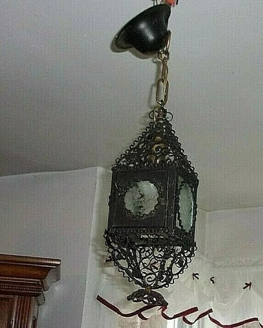 EXCELLENT VINTAGE SPANISH REVIVAL ETCHED GLASS COPPER PENDANT LIGHT FIXTURE Cover
