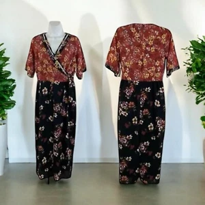 Roz & Ali Jumpsuit Black Brown Floral V Neck Ties Side Short Sleeves Med NWT - Picture 1 of 14