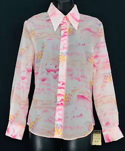 Vintage 1970s pink deadstock shirt blouse long sleeves floral sheer - Picture 1 of 6