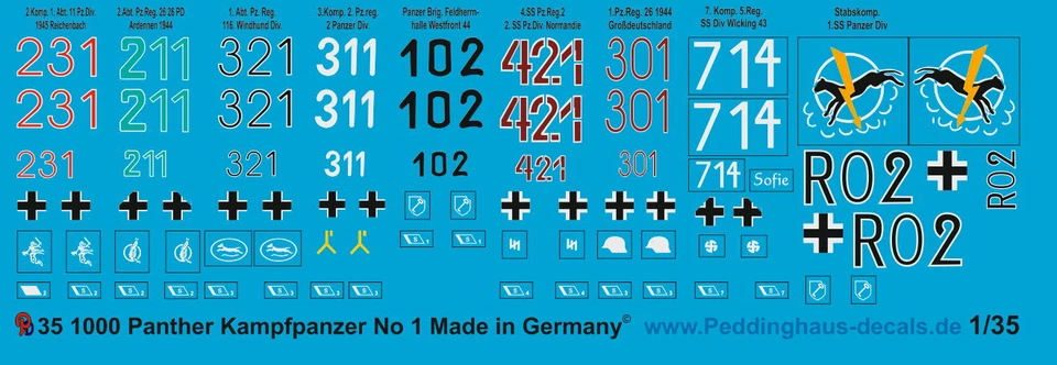 Peddinghaus-Decals 1/35 1000 Panther Carro Armato Scritte No 1 - Immagine 1 di 1