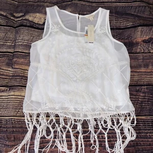 Adiva Lined Tank Top-Womens Small White Crochet Fringe Bottom With Embroidery - Picture 1 of 5