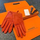 Authentic Hermes Orange Leather Plain Gloves Women's Size 7.5